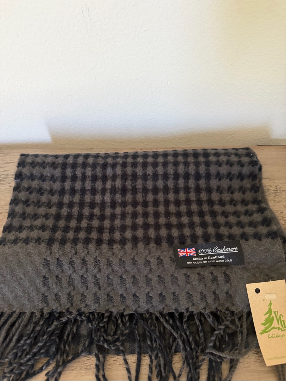 100% Cashmere Black & Gray Check Scarf - Made in Scotland